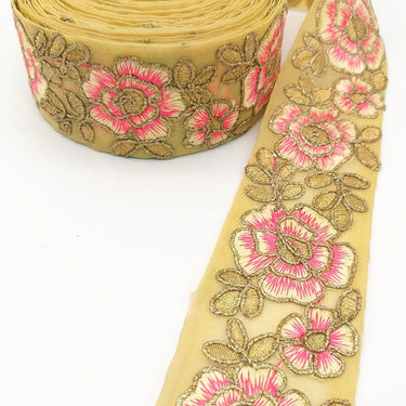 Pink and Gold Floral Embroidery Trimming, Embroidered Roses Flowers Trim, Sheer Fabric Lace